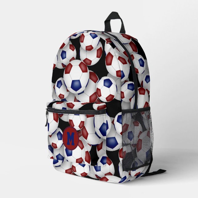 maroon blue soccer balls pattern monogrammed printed backpack (Back Corner Right)