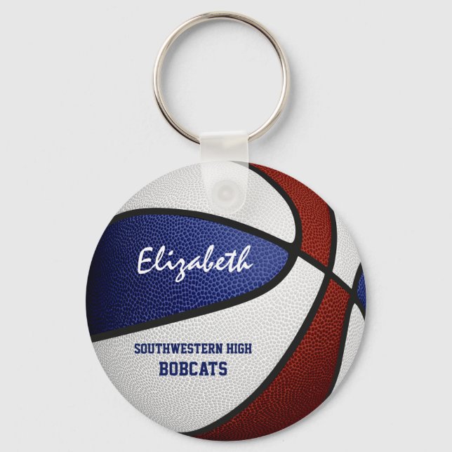 Maroon blue team colors girls boys basketball keychain (Front)