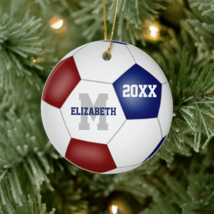 Maroon blue team colors keepsake soccer ceramic ornament
