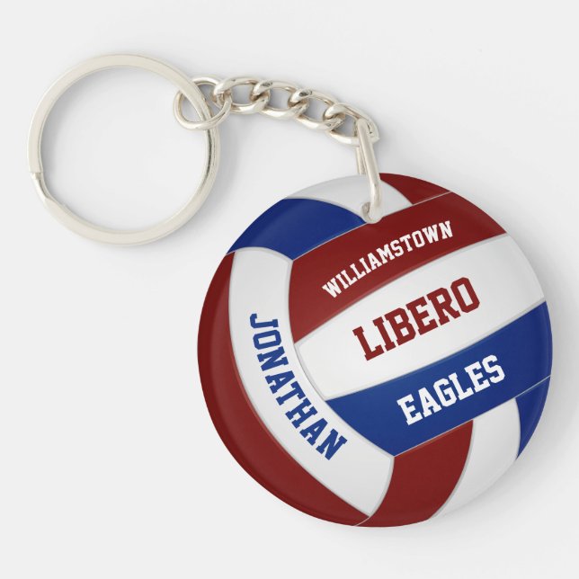 Maroon blue team colors personalized volleyball keychain (Front)