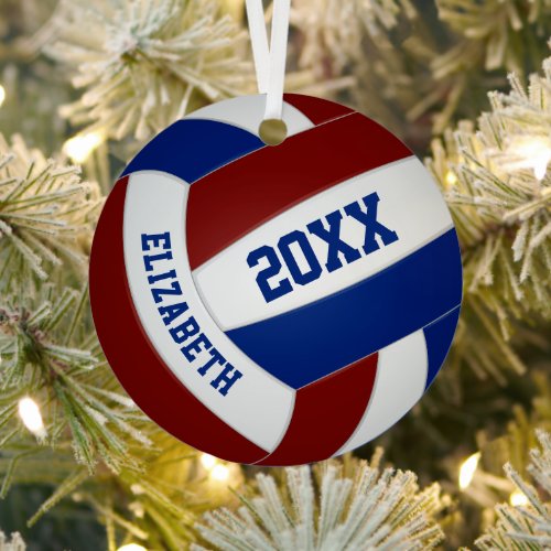 Maroon blue team colors sports volleyball metal ornament