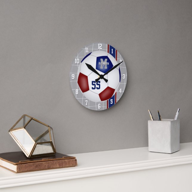 Maroon blue team colors varsity stripes soccer round clock (Office)