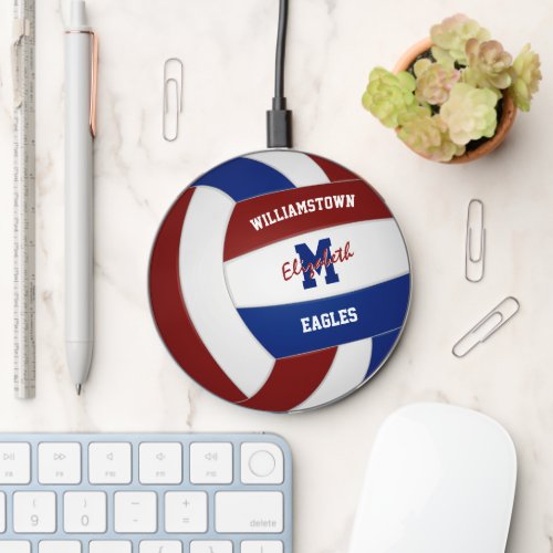 maroon blue volleyball athlete team name monogram wireless charger 