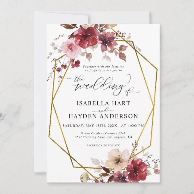 Maroon Blush Beige Floral Old Gold Wedding Invitation (Front)