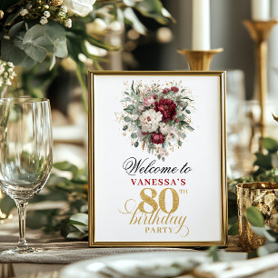 Maroon blush burgundy 80th birthday 8x10 welcome  poster
