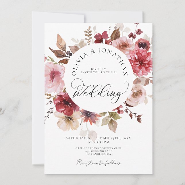 Maroon Blush Fall All in 1 Budget QR Code Wedding Invitation (Front)