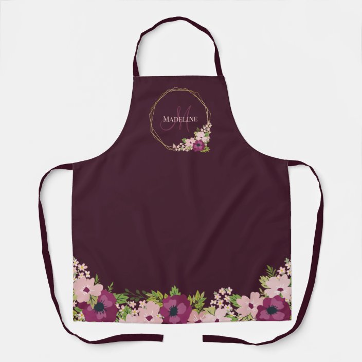 Maroon Blush Pink Floral Geometric Monogram Apron | Zazzle.com