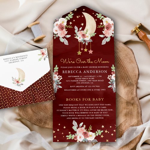 Maroon Boho Burgundy Floral Stars Moon Baby Shower All In One Invitation