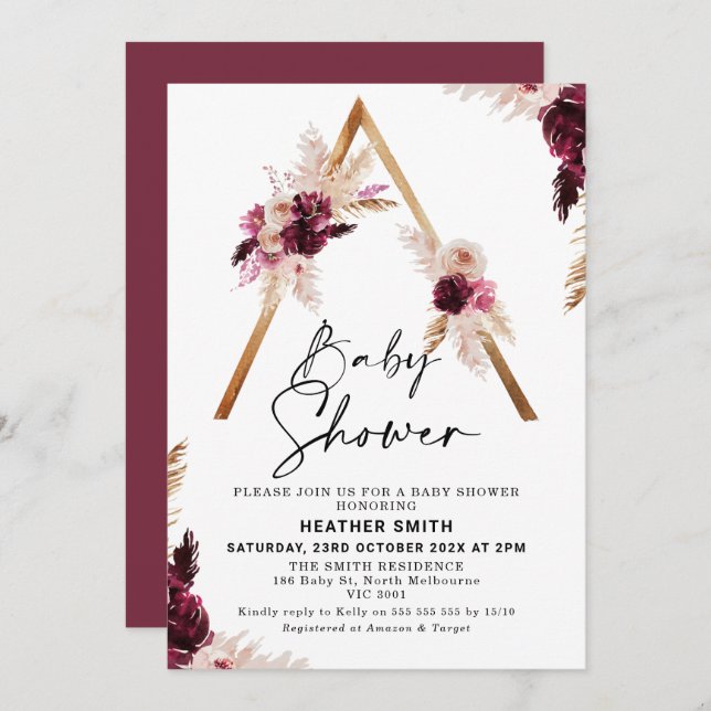 Maroon Boho Pampas Grass Baby Shower Invitation (Front/Back)