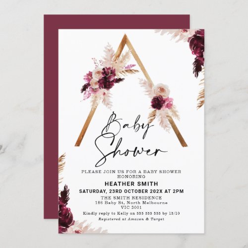 Maroon Boho Pampas Grass Baby Shower Invitation