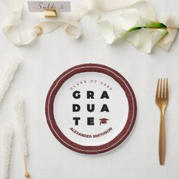 Maroon Bold GRADUATE Letters and Cap Graduation Paper Plates
