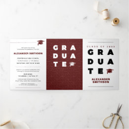 Maroon Bold GRADUATE Letters and Cap Graduation Tri-Fold Announcement