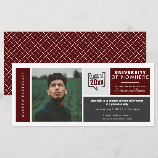 Maroon Boxes & Photo Wide Graduation Invitation (Front/Back)