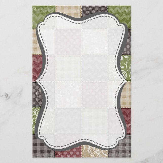 Maroon, Brown, Tan, & Green Quilt Look Stationery (Front)