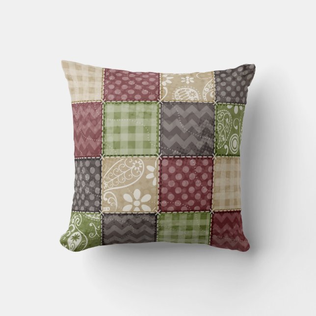 Maroon, Brown, Tan, & Green Quilt Look Throw Pillow (Front)