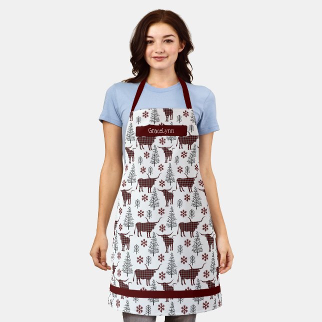 Maroon Buffalo Plaid Longhorn Pattern Apron (Worn)
