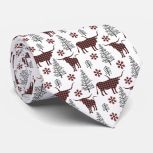 Maroon Buffalo Plaid Longhorn Pattern Neck Tie