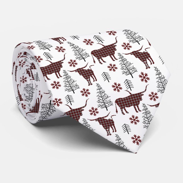Maroon Buffalo Plaid Longhorn Pattern Neck Tie (Rolled)
