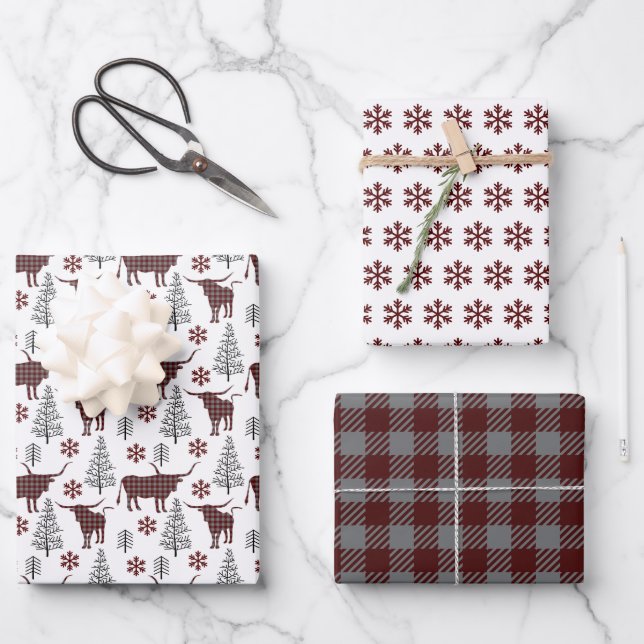 Maroon Buffalo Plaid Longhorn Pattern Wrapping Paper Sheets (Front)