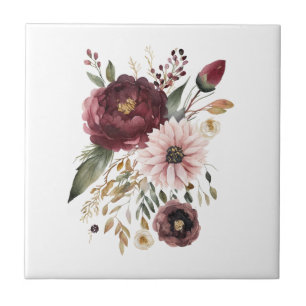 Maroon Burgundy Blush Pink Botanical Floral Ceramic Tile