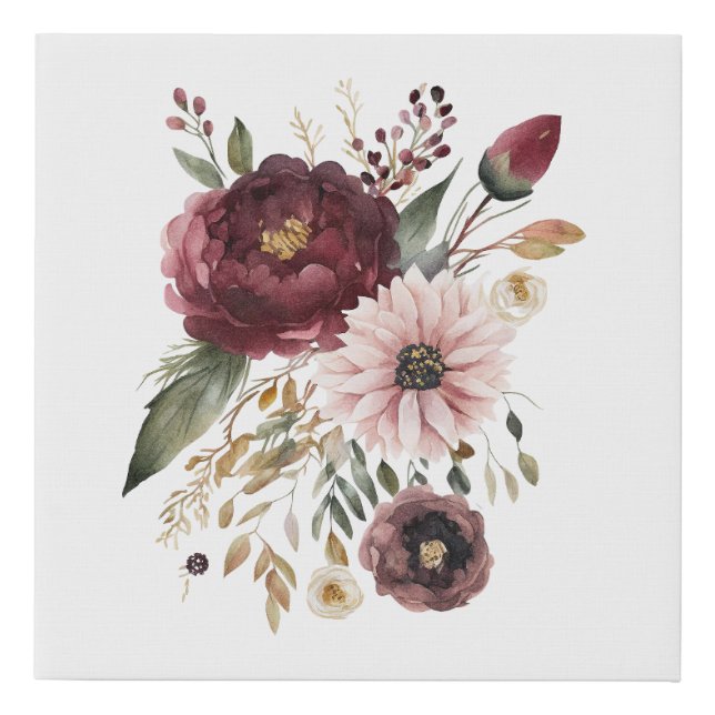 Maroon Burgundy Blush Pink Botanical Floral  Faux Canvas Print (Front)