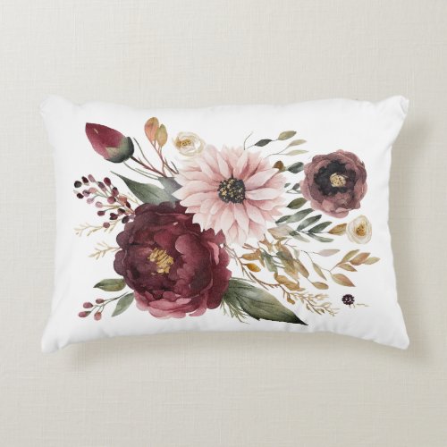 Maroon Burgundy Blush Pink Floral Watercolor Accent Pillow