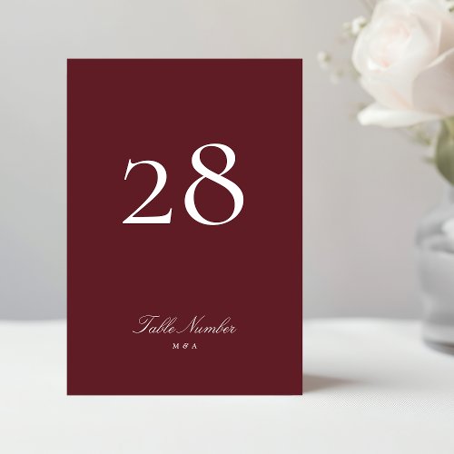 Maroon Burgundy Classic Formal Calligraphy Wedding Table Number
