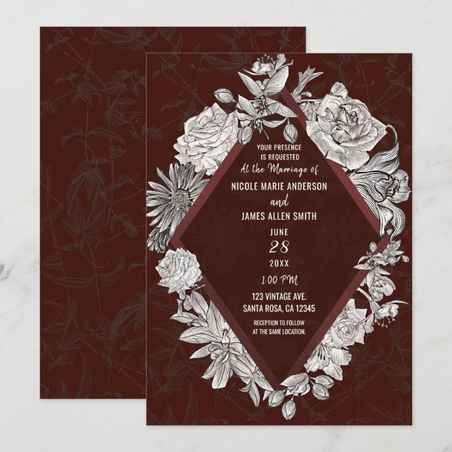 Maroon Burgundy Diamond Vintage Flowers Wedding Invitation (Front/Back)