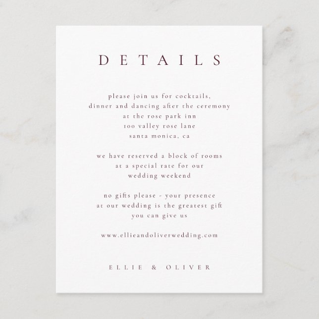 Maroon Burgundy Elegant Details I Wedding Modern Enclosure Card (Front)