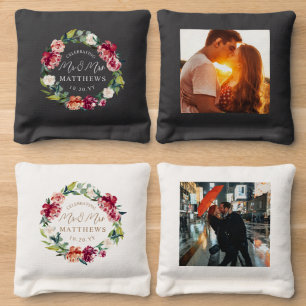 Maroon Burgundy Floral and White Photo Wedding Cornhole Bags