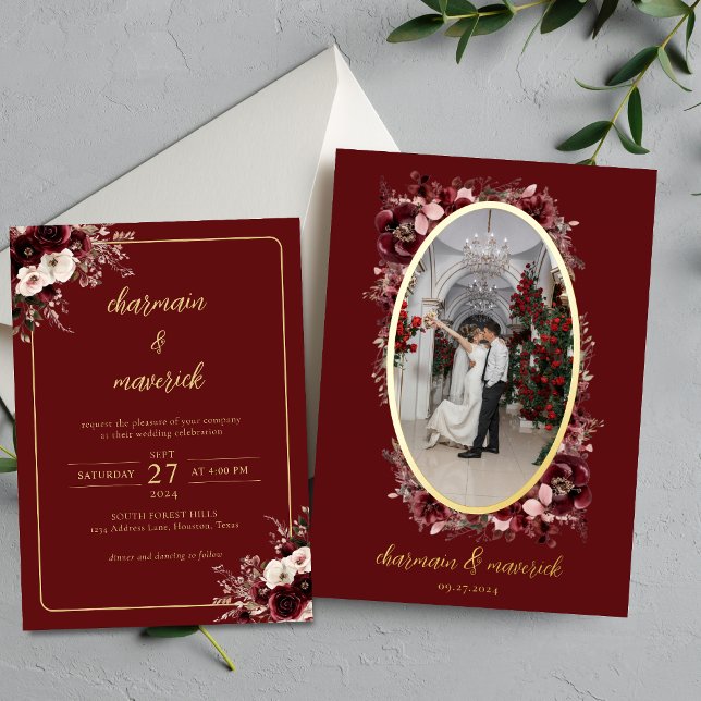 Maroon Burgundy Floral Photo Wedding Gold Foil Invitation (Creator Uploaded)