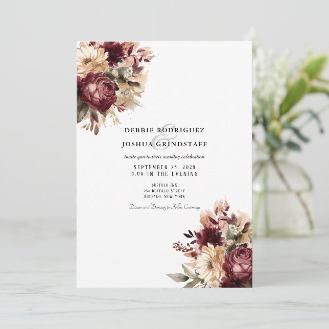 Maroon Burgundy Floral Wedding Invitation  (Standing Front)