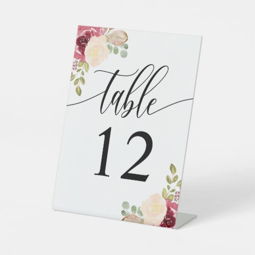 Maroon Burgundy Floral Wedding Table Number Pedestal Sign