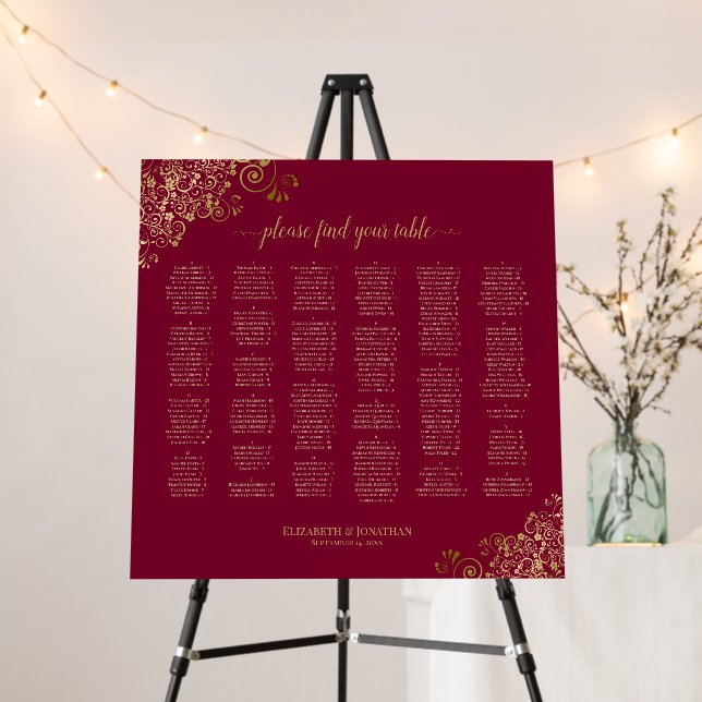 Maroon Burgundy & Gold Alphabetical Seating Chart Foam Board (In Situ (Stand))