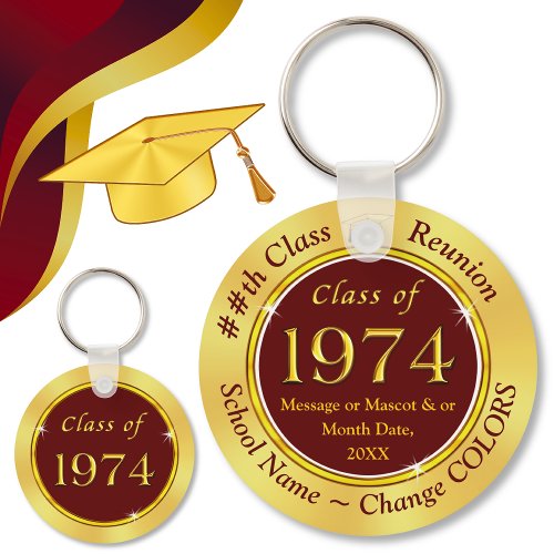 Maroon Burgundy Gold Custom Class of 1974 Favors Keychain