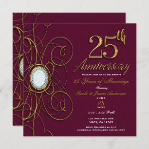 Maroon Burgundy & Gold Diamond 25 25th Anniversary Invitation