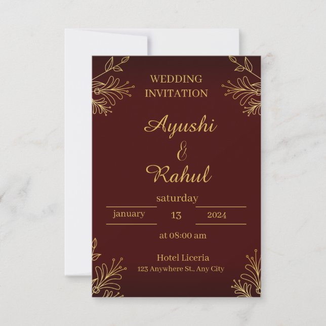 Maroon Burgundy Gold Foil Look Wedding Invitation (Front)