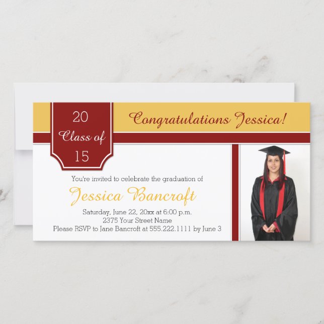 Maroon Burgundy Gold Photo Graduation Party Invite (Front)