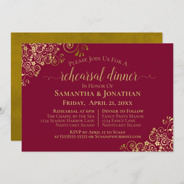 Maroon Burgundy & Gold Wedding Rehearsal & Dinner Invitation (Front/Back)
