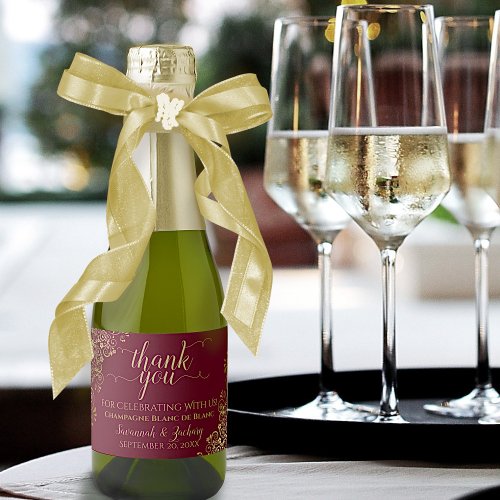 Maroon Burgundy  Gold Wedding Thank You Mini Sparkling Wine Label