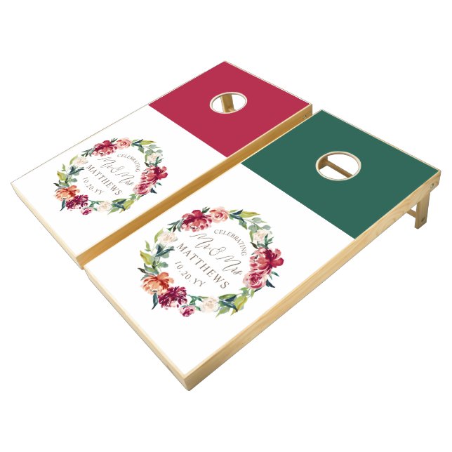 Maroon Burgundy Green Personalized Wedding Cornhole Set (Angled)