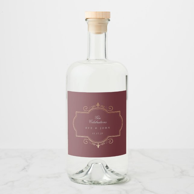 maroon burgundy navy blue gold monogram wedding liquor bottle label (Front)