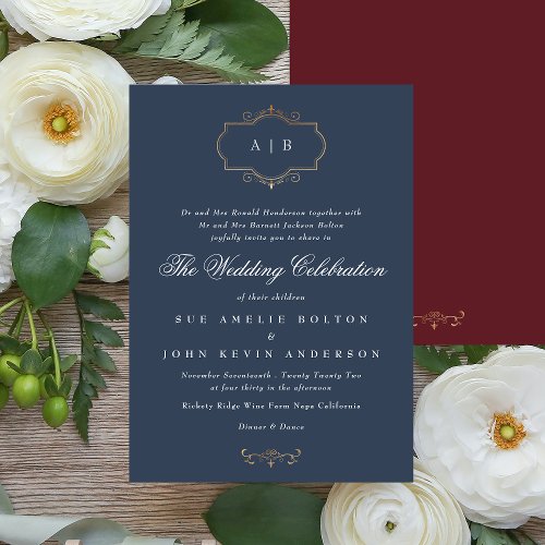 maroon burgundy navy blue white classic wedding invitation