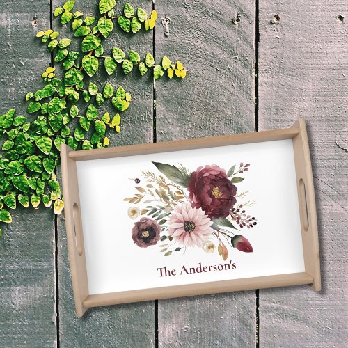 Maroon Burgundy Pink Floral Botanical Wedding Gift Serving Tray