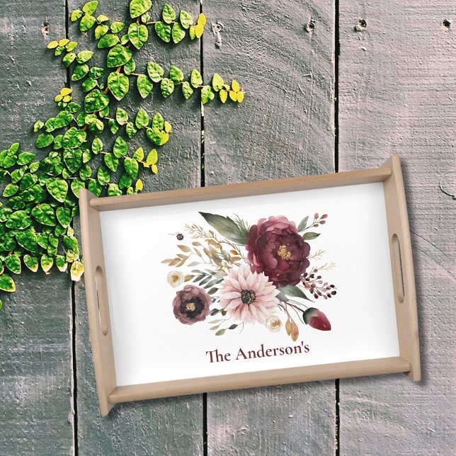 Maroon Burgundy Pink Floral Botanical Wedding Gift Serving Tray (Burgundy maroon Purple White Floral Monogrammed Serving tray.)