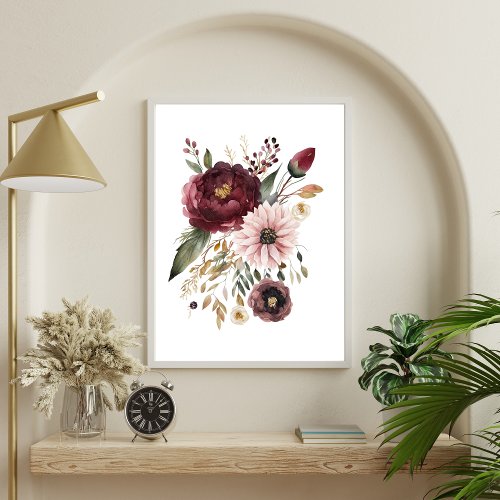 Maroon Burgundy Pink Watercolor Floral Botanical Poster