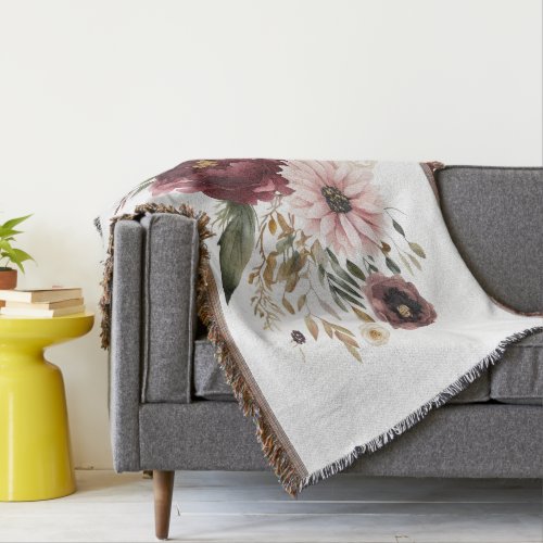 Maroon Burgundy Pink Watercolor Floral Botanical Throw Blanket