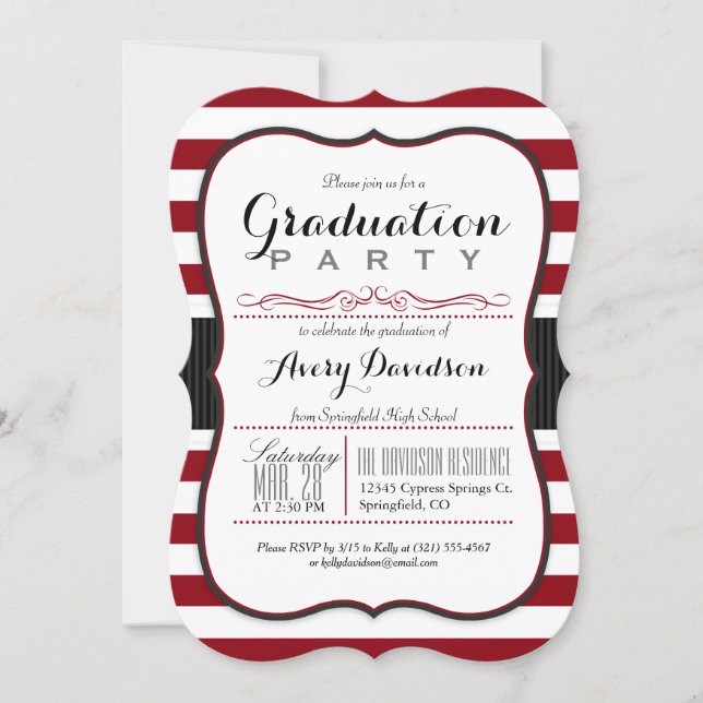 Maroon, Burgundy & White Stripes Graduation Party Invitation (Front)