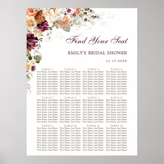 Maroon Burnt Orange Floral Bridal Shower Seating Poster (Front)