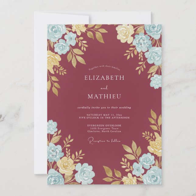 Maroon Champagne Foliage Eucalyptus Wedding Invitation (Front)